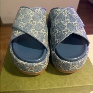 New Gucci Angelina Blue Denim Slide Sandals
